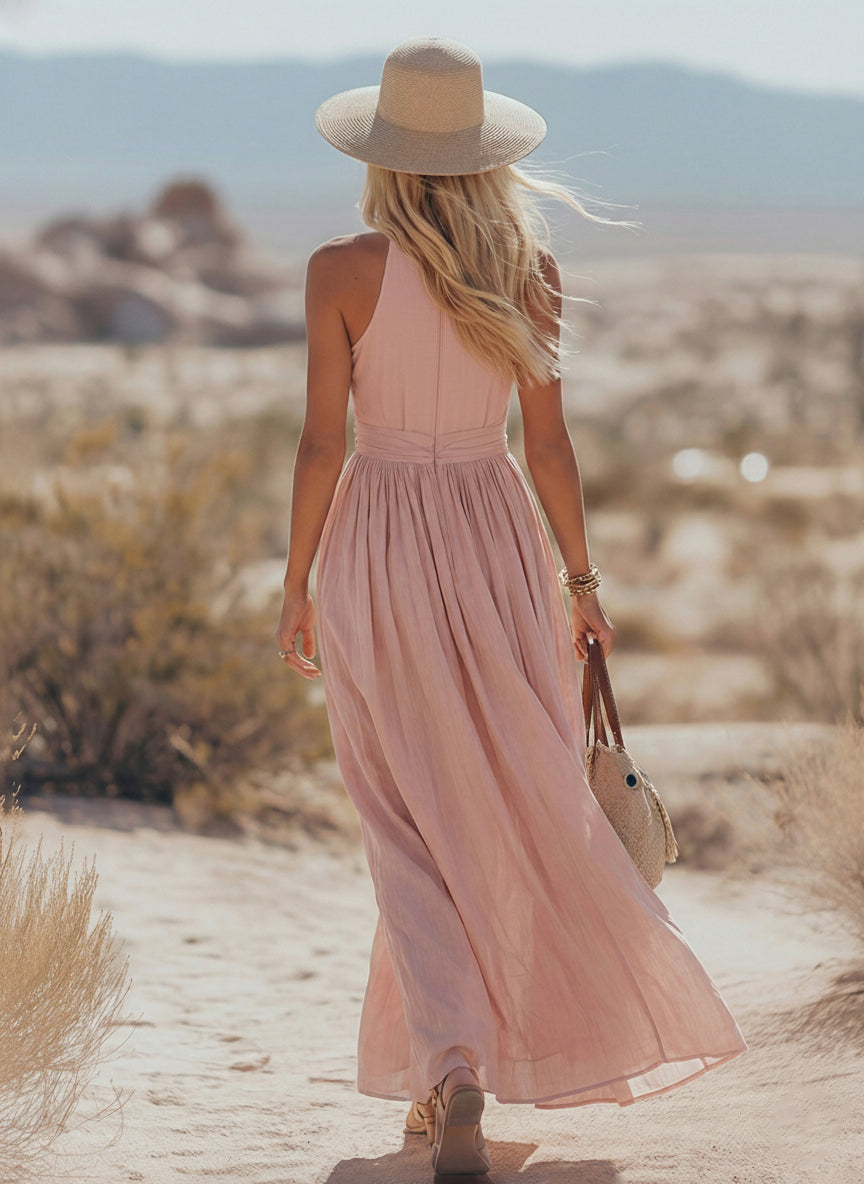 Soleia | Boho Halter Maxi Dress in Soft Linen Blend