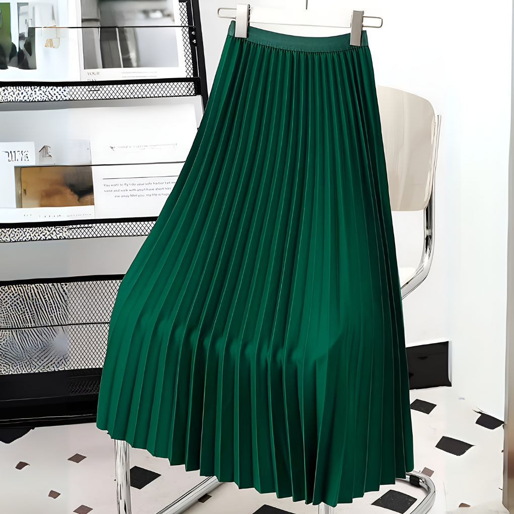 Sevara | High-Waist Pleated Satin Midi Skirt