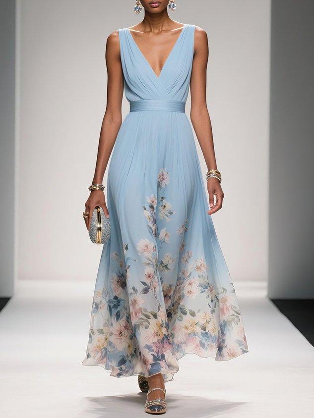 Taylor | Floral Chiffon Deep V Neck Maxi Dress