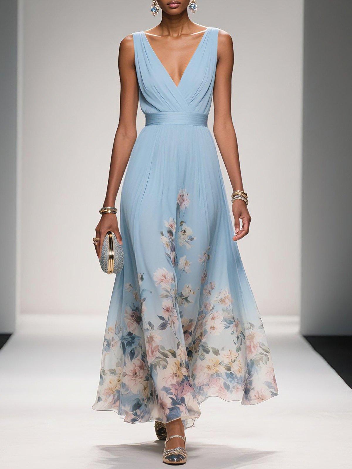 Taylor | Floral Chiffon Deep V Neck Maxi Dress