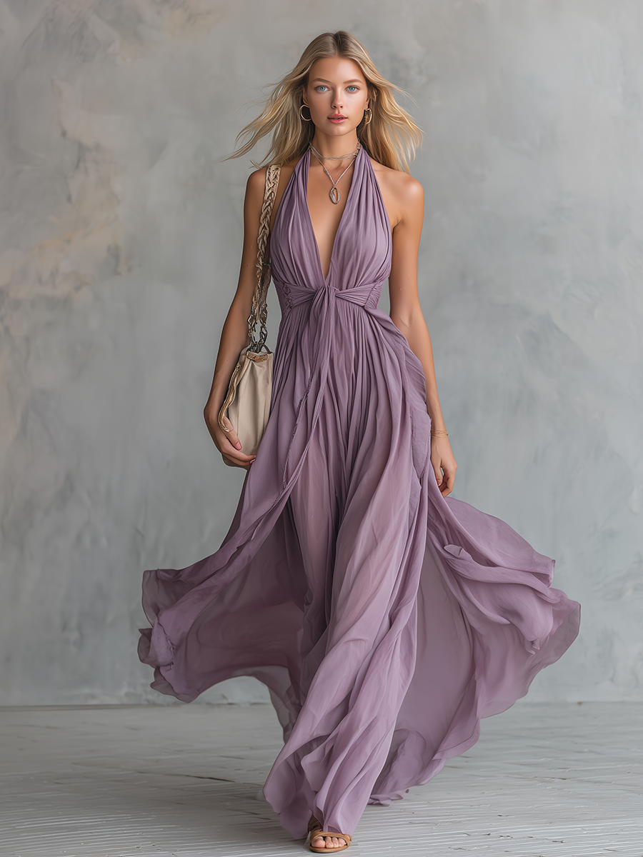 Amara | Chiffon Halter Deep V Neck Backless Maxi Dress