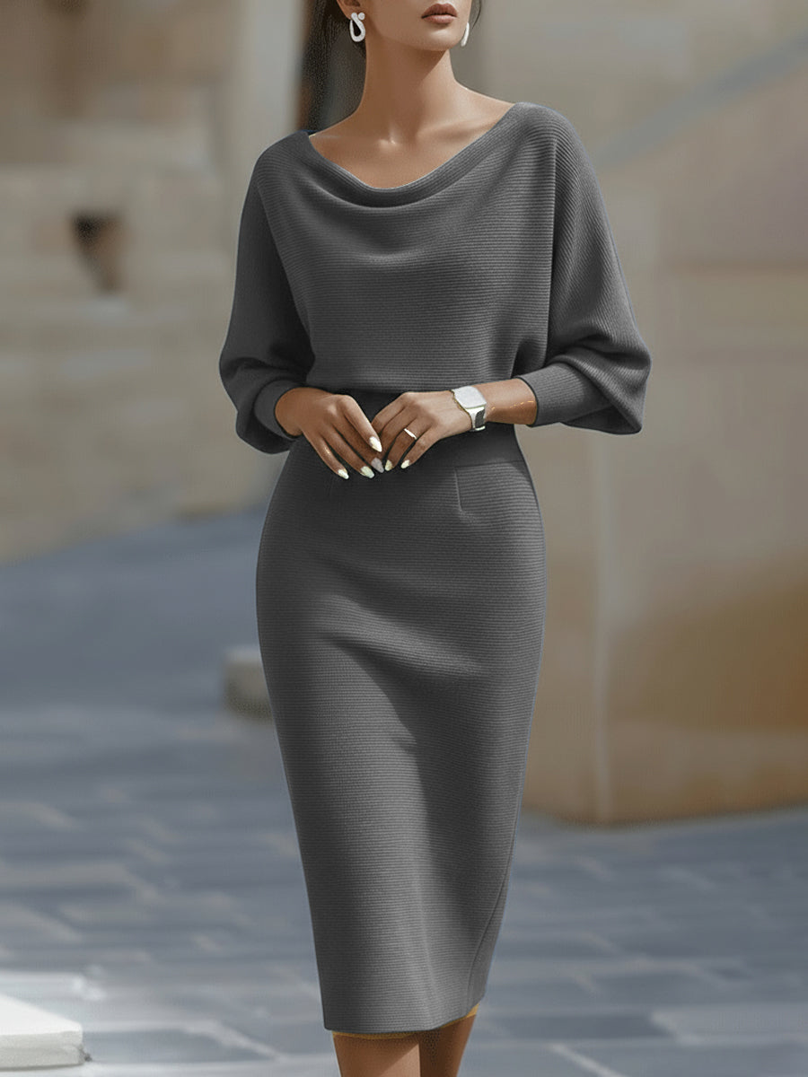 Elara | Draped Neck Batwing Sleeve Midi Dress