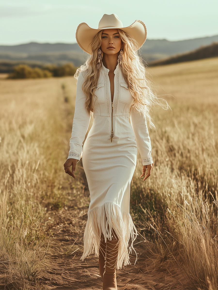 Dakota | Western Bodycon Long Sleeve Zip Front Fringe Midi Dress