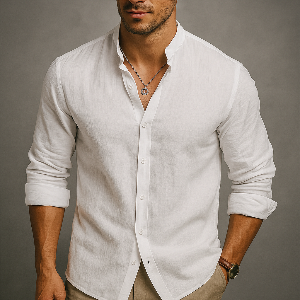 Avani | Men's Linen Band Collar Long Sleeve Button Up