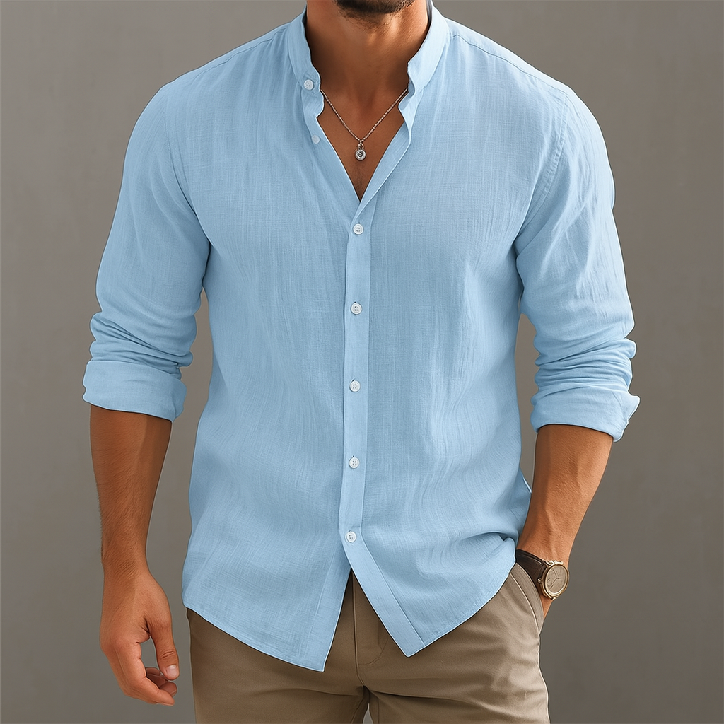 Avani | Men's Linen Band Collar Long Sleeve Button Up
