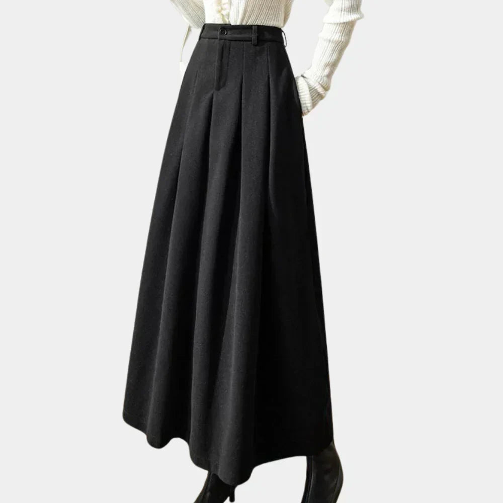 Elaria | High-Waist Pleated A-Line Wool Maxi Skirt