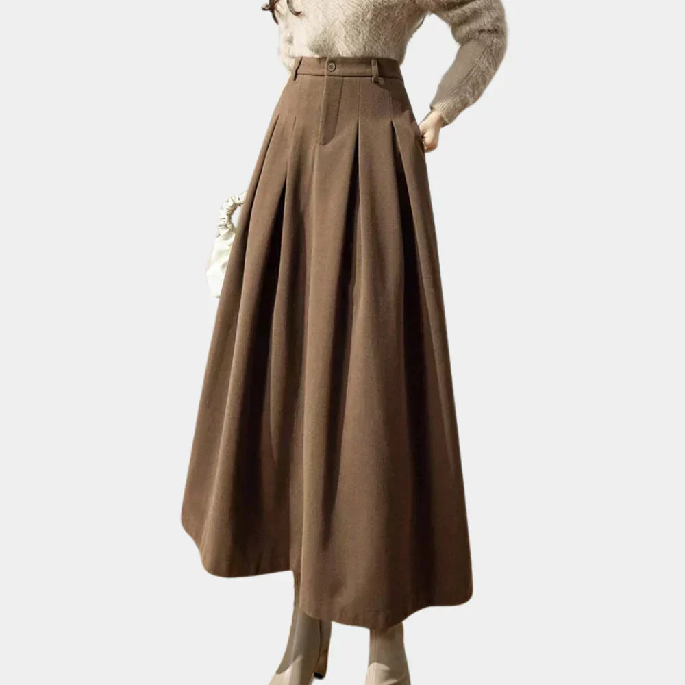 Elaria | High-Waist Pleated A-Line Wool Maxi Skirt