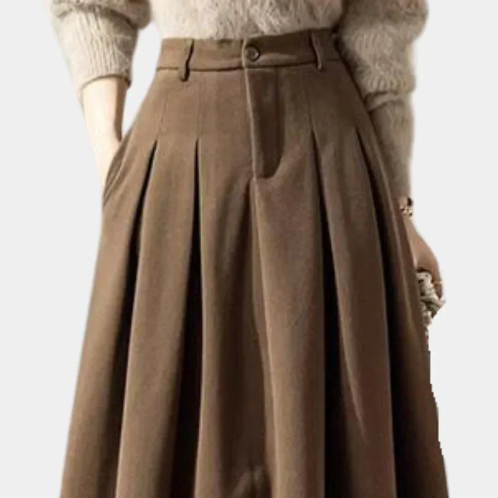 Elaria | High-Waist Pleated A-Line Wool Maxi Skirt