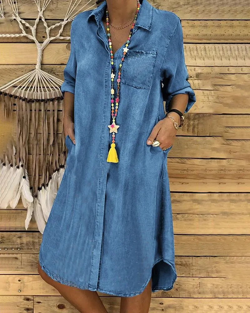 Elvina | Denim Button Front Long Sleeve Shirt Dress