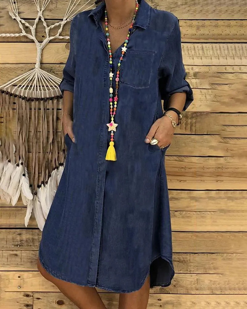 Elvina | Denim Button Front Long Sleeve Shirt Dress