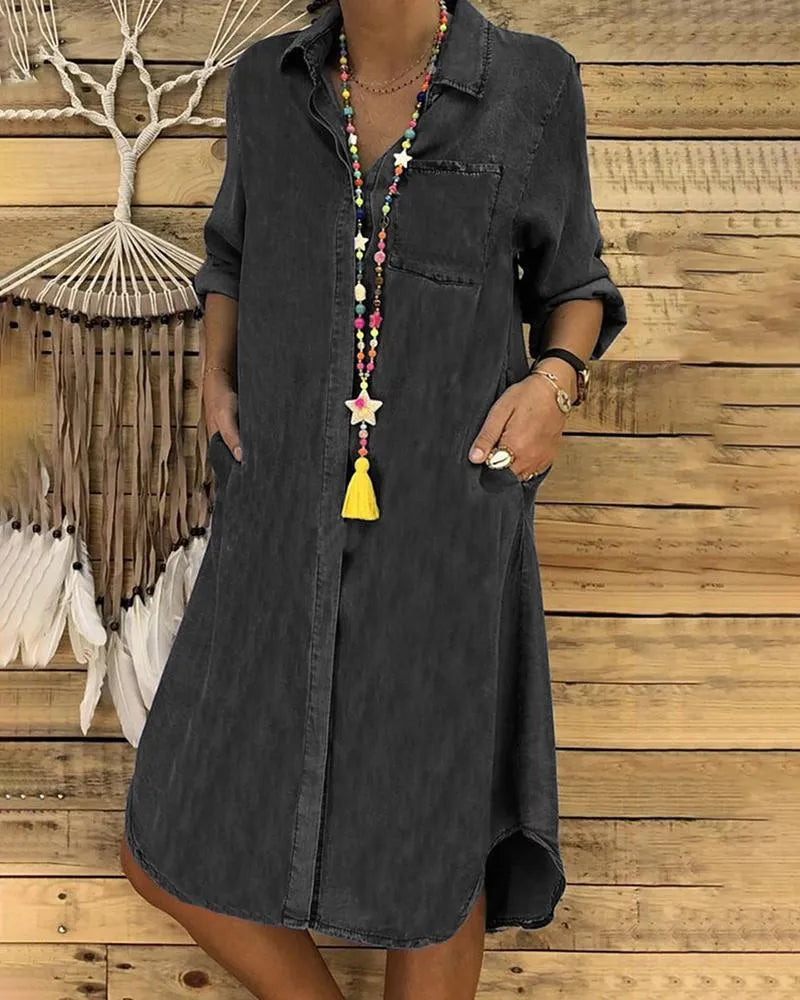Elvina | Denim Button Front Long Sleeve Shirt Dress