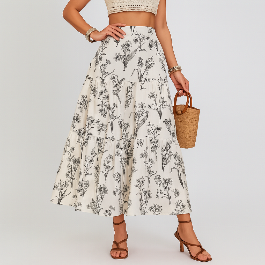 Elowen | Boho Floral Print Tiered Maxi Skirt