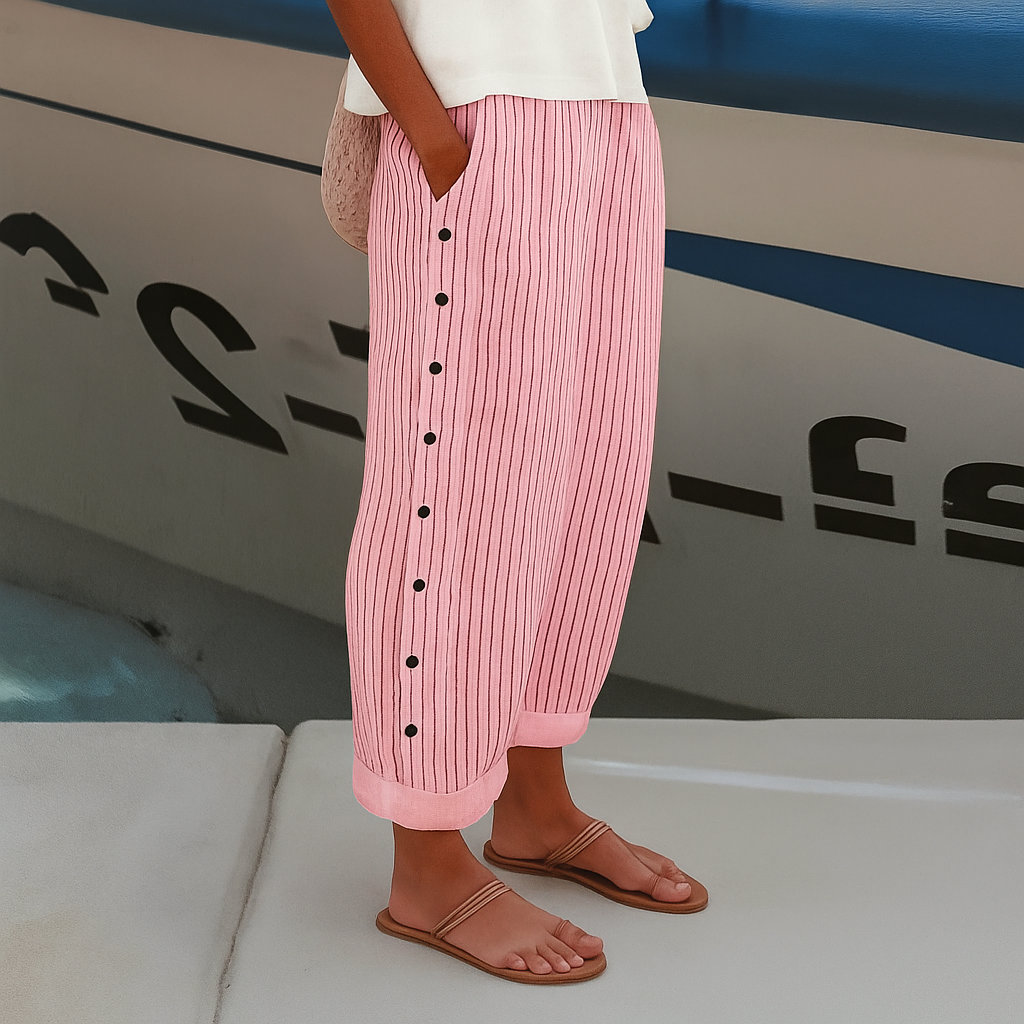 Maristelle | Striped Wide Leg Button-Side Trousers