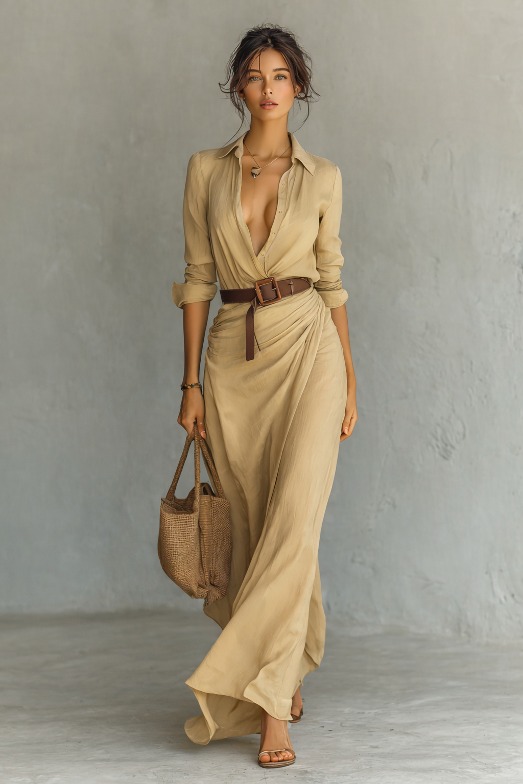 Alessia | Linen Belted Long Sleeve Maxi Shirt Dress