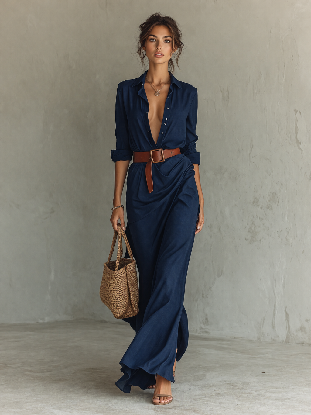 Alessia | Linen Belted Long Sleeve Maxi Shirt Dress