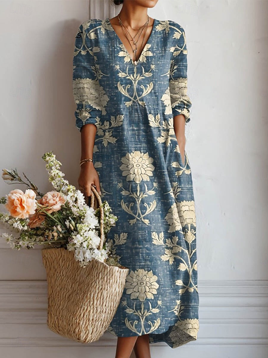Cla | Women's Boho Linen Floral V-Neck Pocket Midi Dress