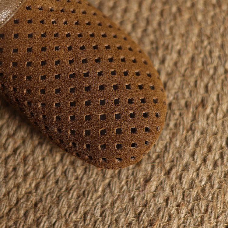 Celine | Women's Perforated Suede Buckle Block Heel Mules
