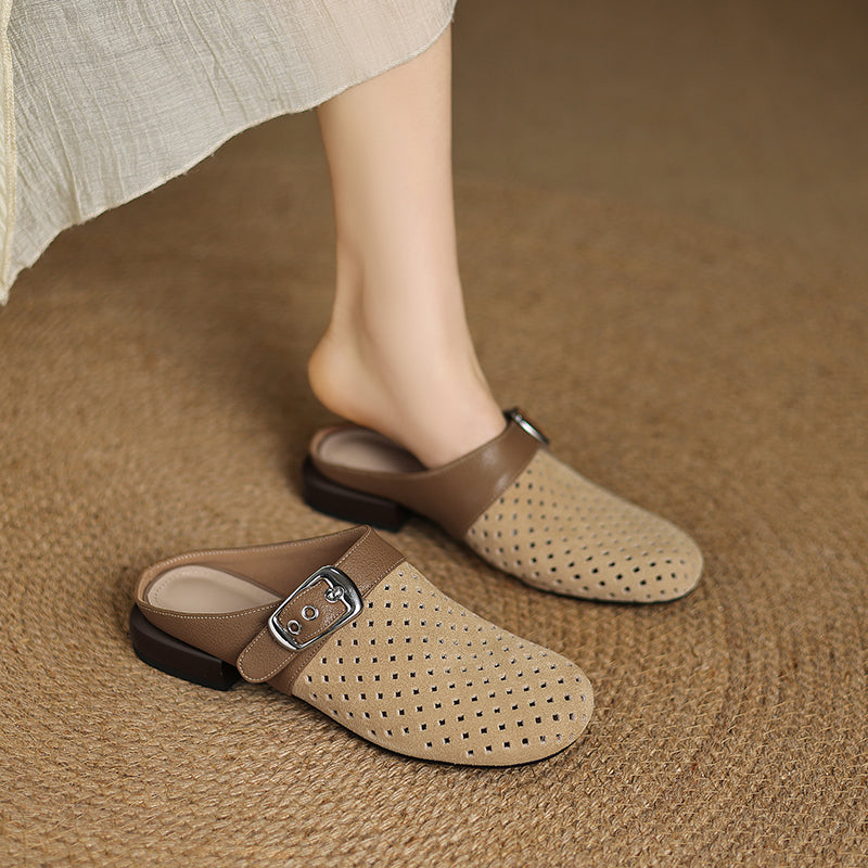 Celine | Women's Perforated Suede Buckle Block Heel Mules