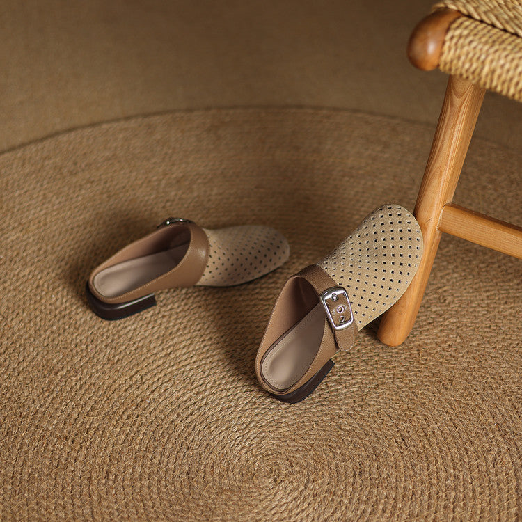 Celine | Women's Perforated Suede Buckle Block Heel Mules