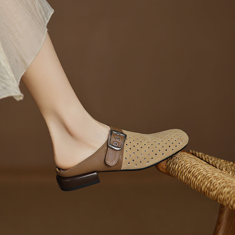 Celine | Women's Perforated Suede Buckle Block Heel Mules