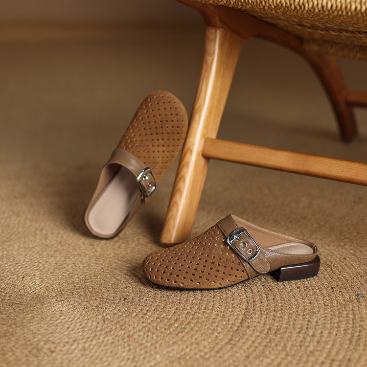 Celine | Women's Perforated Suede Buckle Block Heel Mules