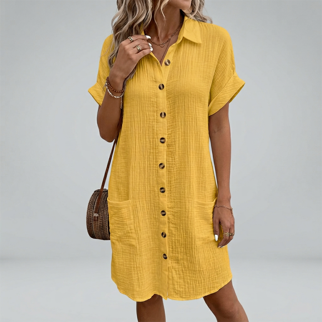 Selene | Cotton Button Front Short Sleeve Shirt Dress