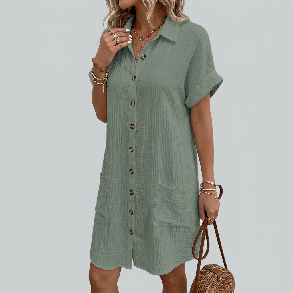 Selene | Cotton Button Front Short Sleeve Shirt Dress