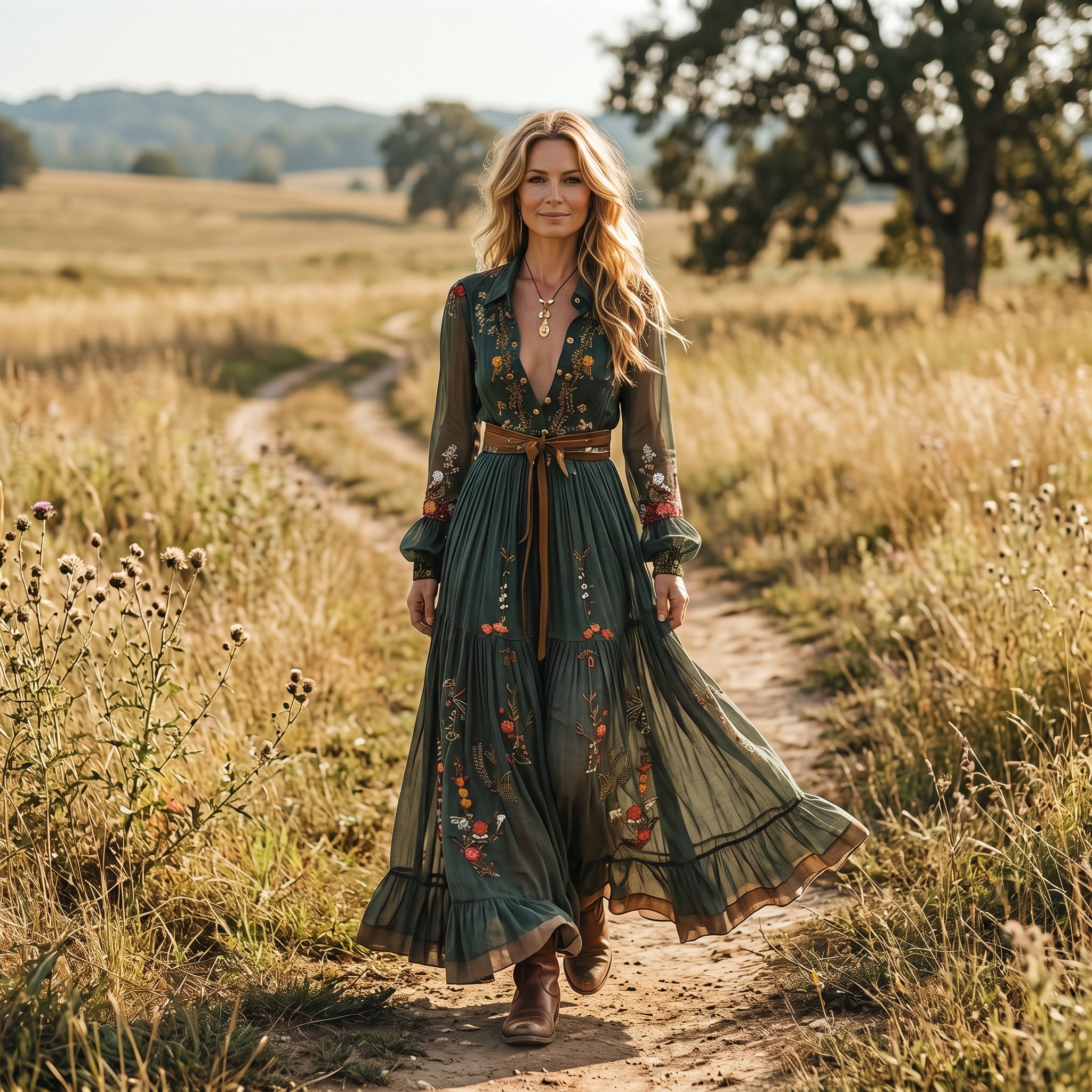 Maria | Boho Embroidered Tiered Long Sleeve Belted Maxi Dress