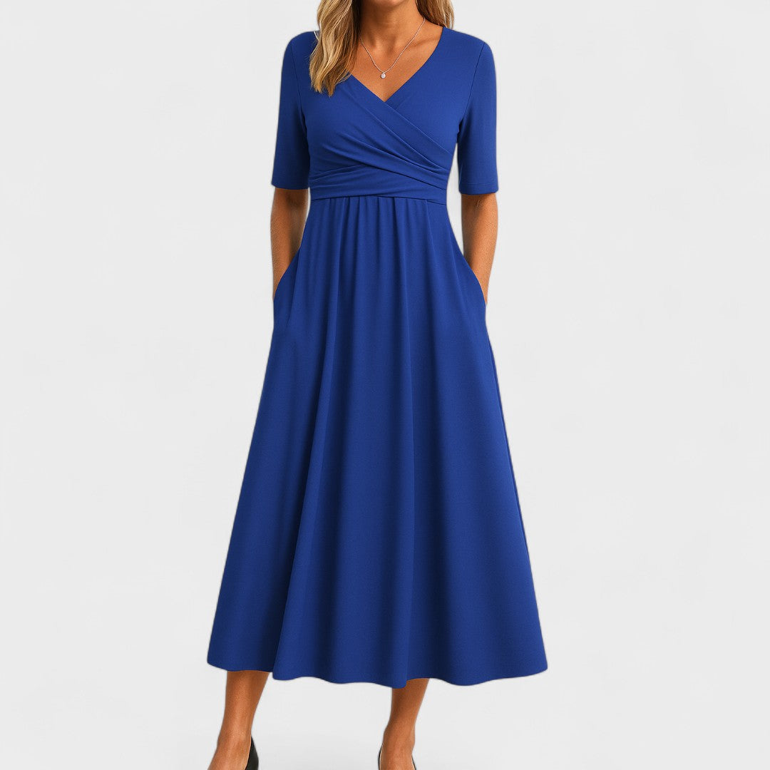 Juliet | Elegant Wrap V Neck Short Sleeve A-Line Midi Dress