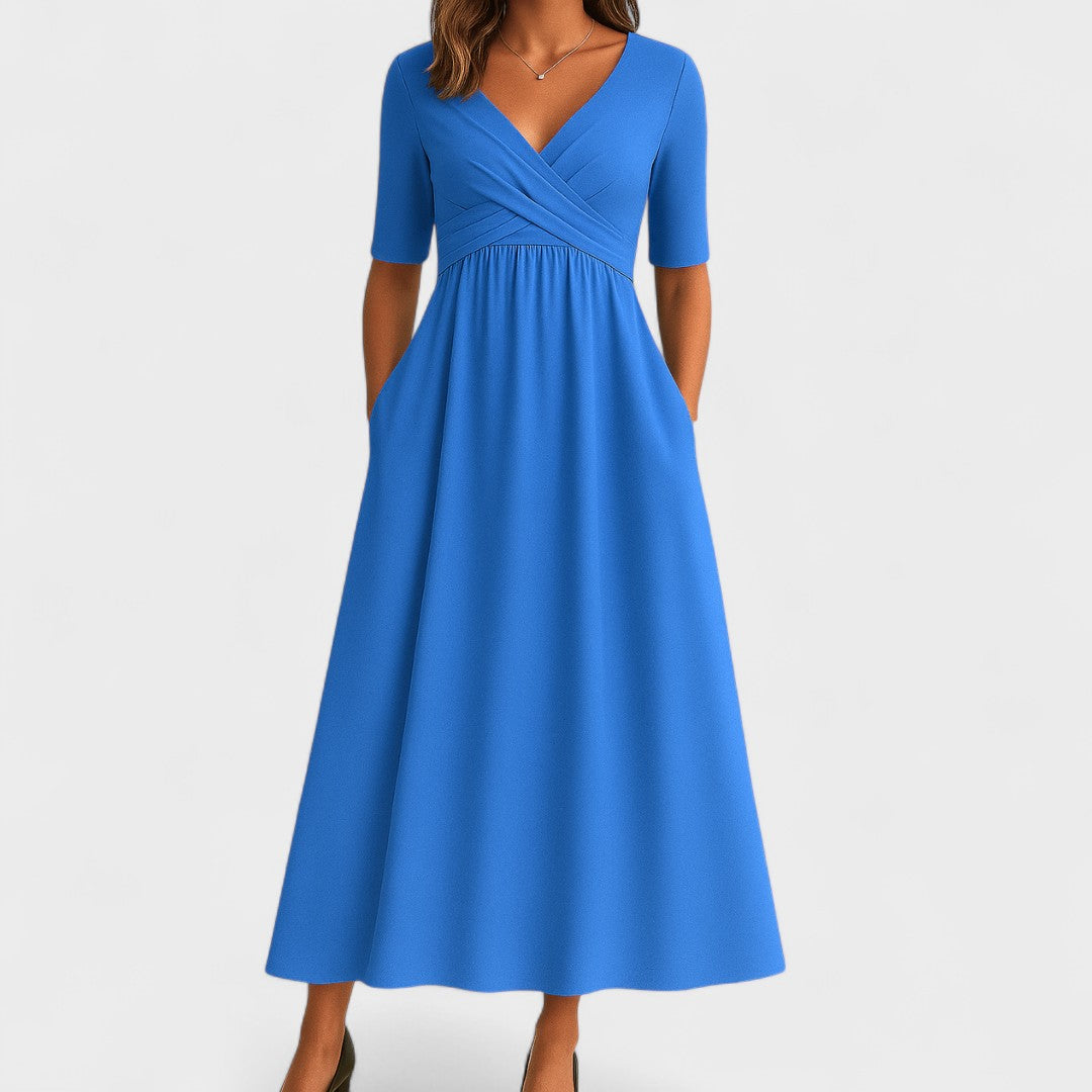 Juliet | Elegant Wrap V Neck Short Sleeve A-Line Midi Dress
