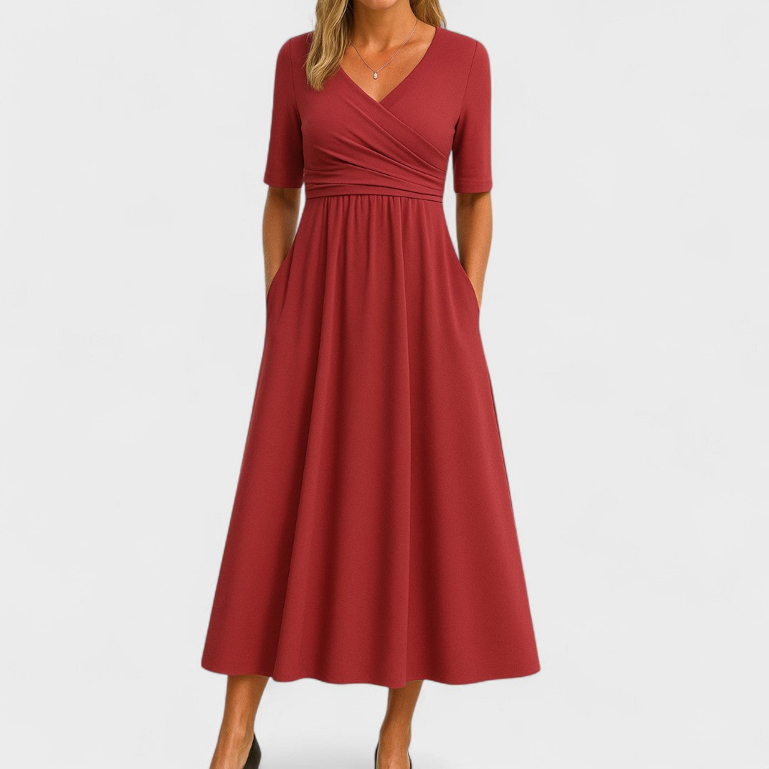 Juliet | Elegant Wrap V Neck Short Sleeve A-Line Midi Dress