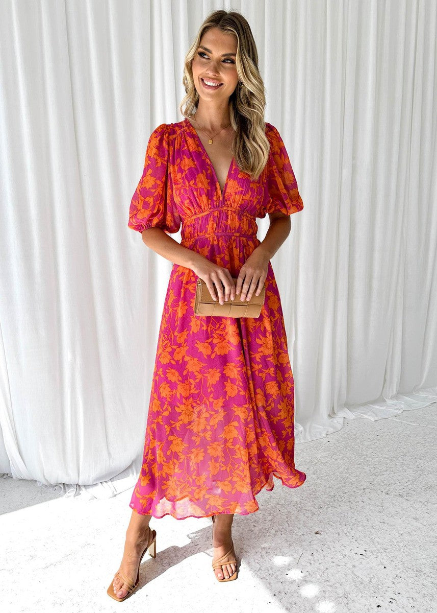 Lyra | Floral Print V-Neck Puff Sleeve Midi Dress