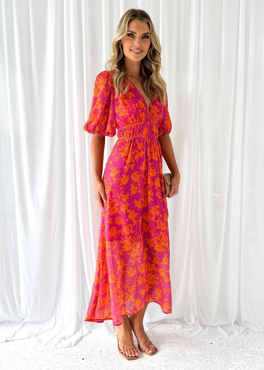 Lyra | Floral Print V-Neck Puff Sleeve Midi Dress