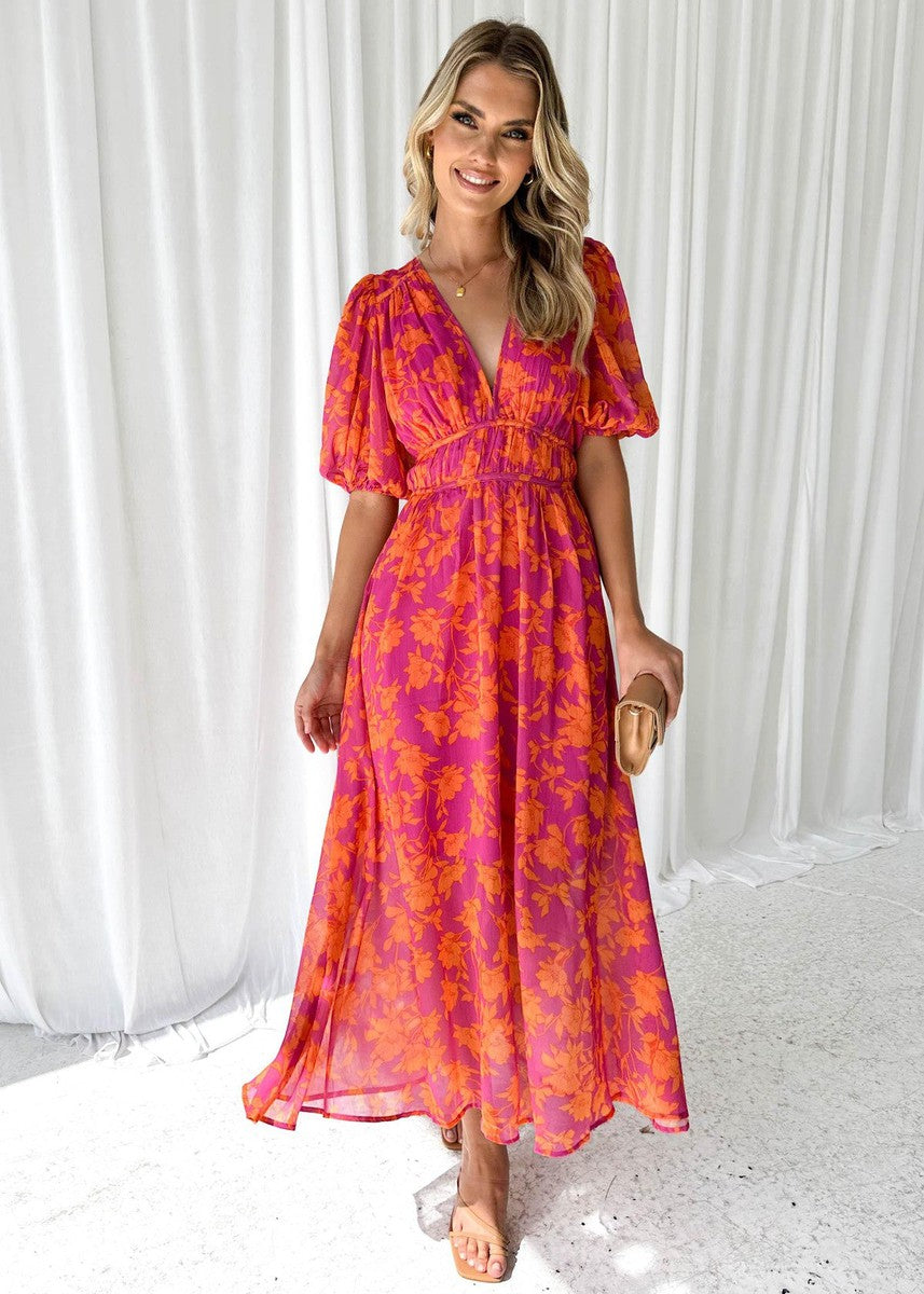 Lyra | Floral Print V-Neck Puff Sleeve Midi Dress