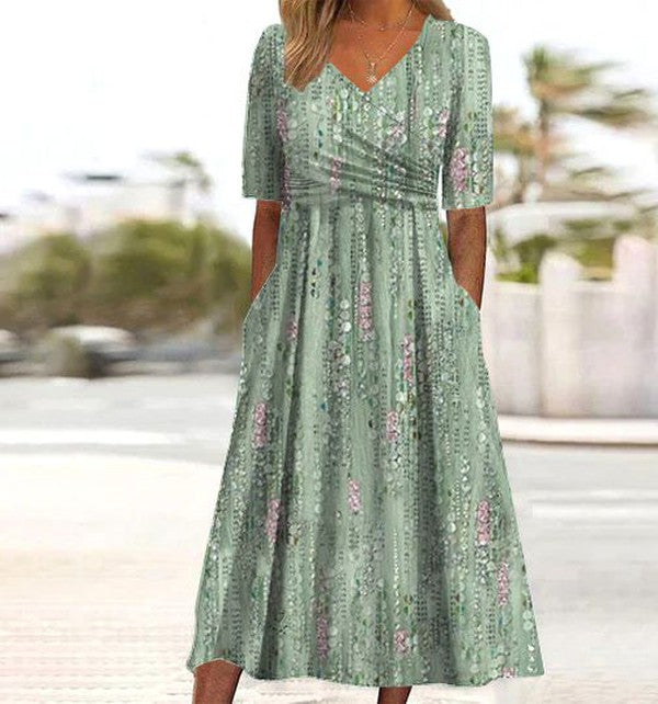 Mary | Floral Print V Neck Ruched Midi Dress