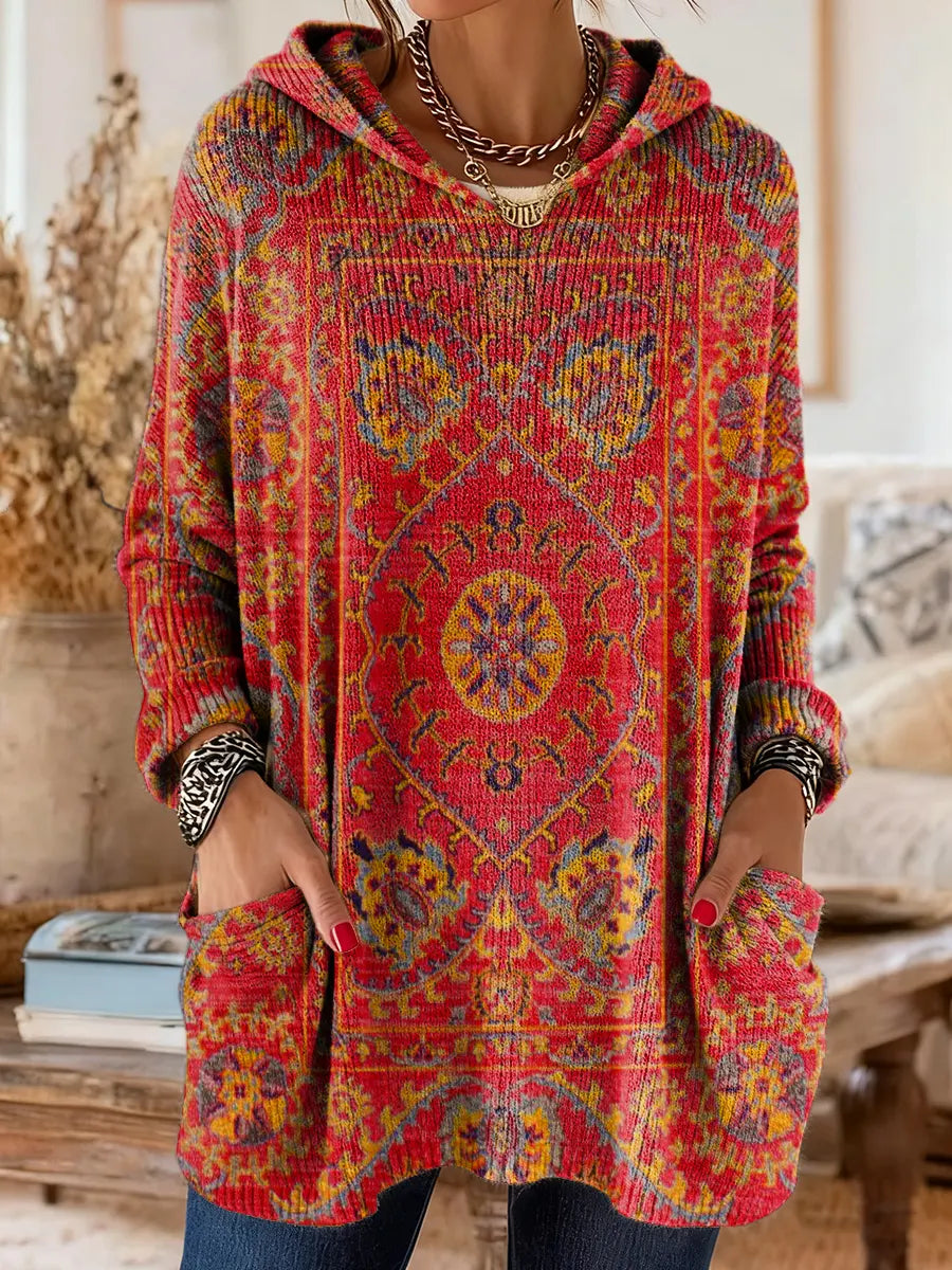 Mira | Boho Ethnic Print Oversized Hooded Knit Sweater