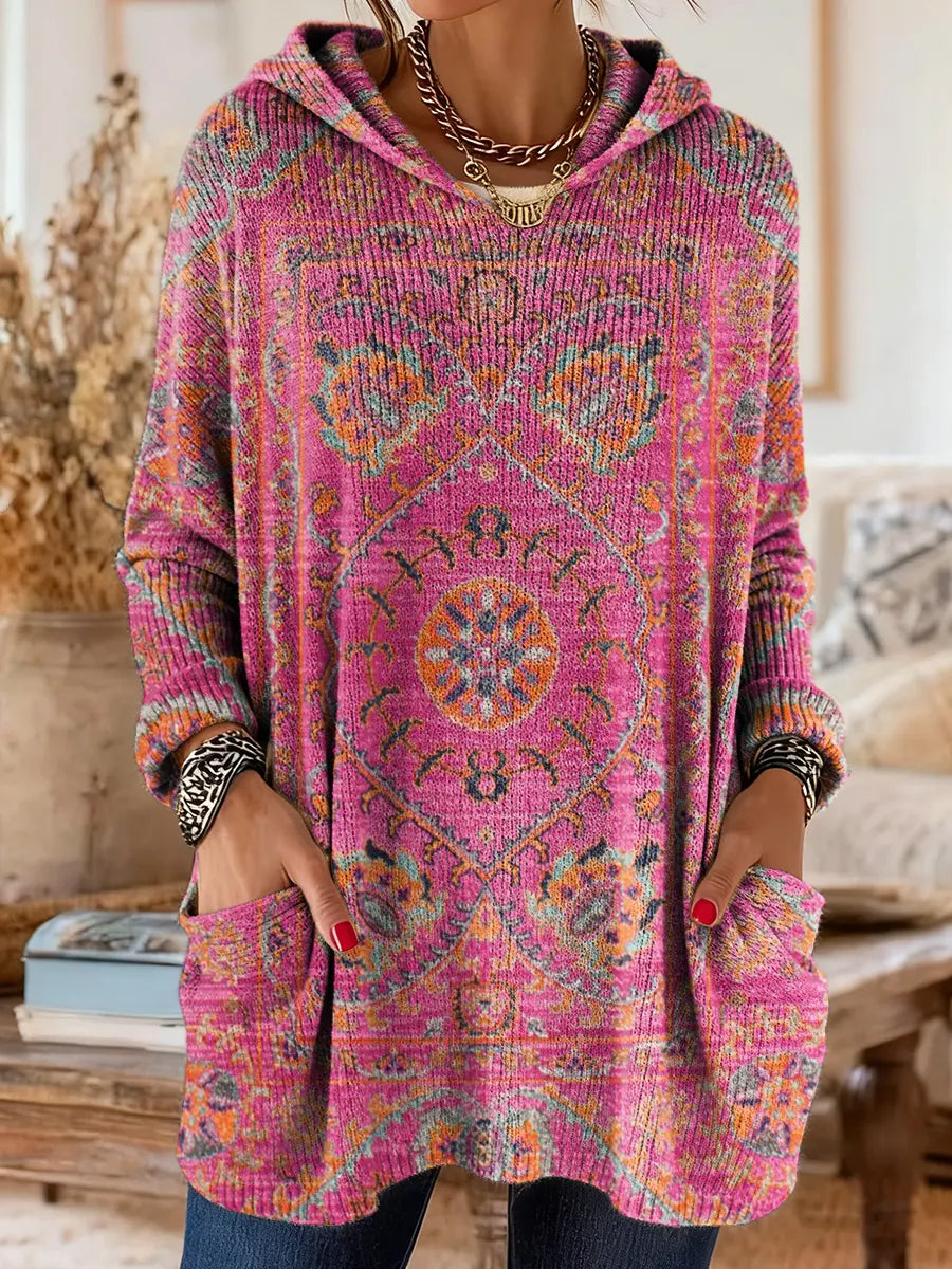 Mira | Boho Ethnic Print Oversized Hooded Knit Sweater