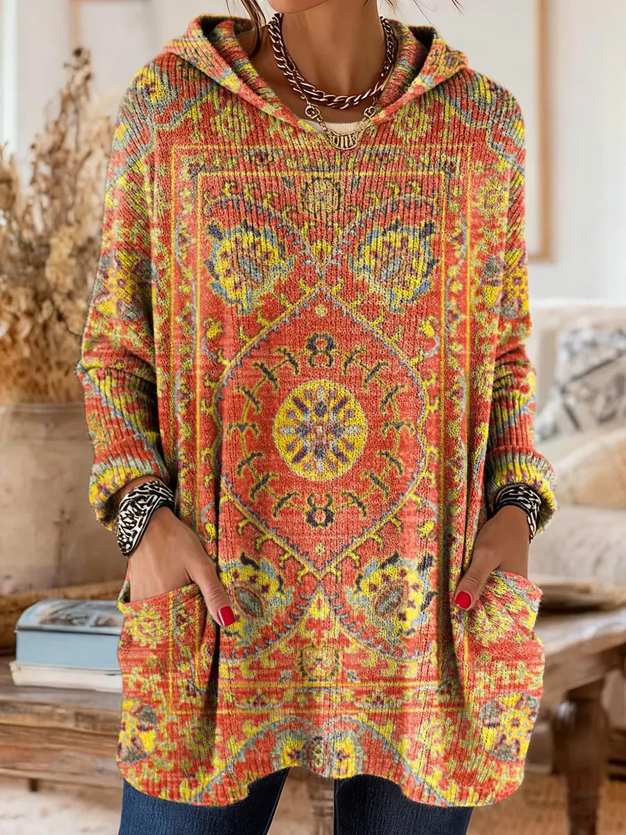 Mira | Boho Ethnic Print Oversized Hooded Knit Sweater
