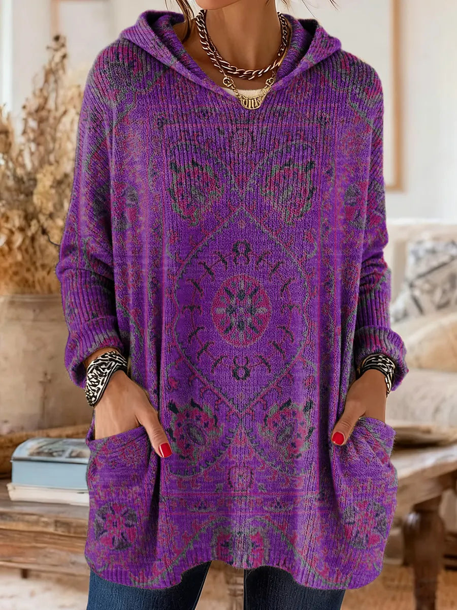Mira | Boho Ethnic Print Oversized Hooded Knit Sweater