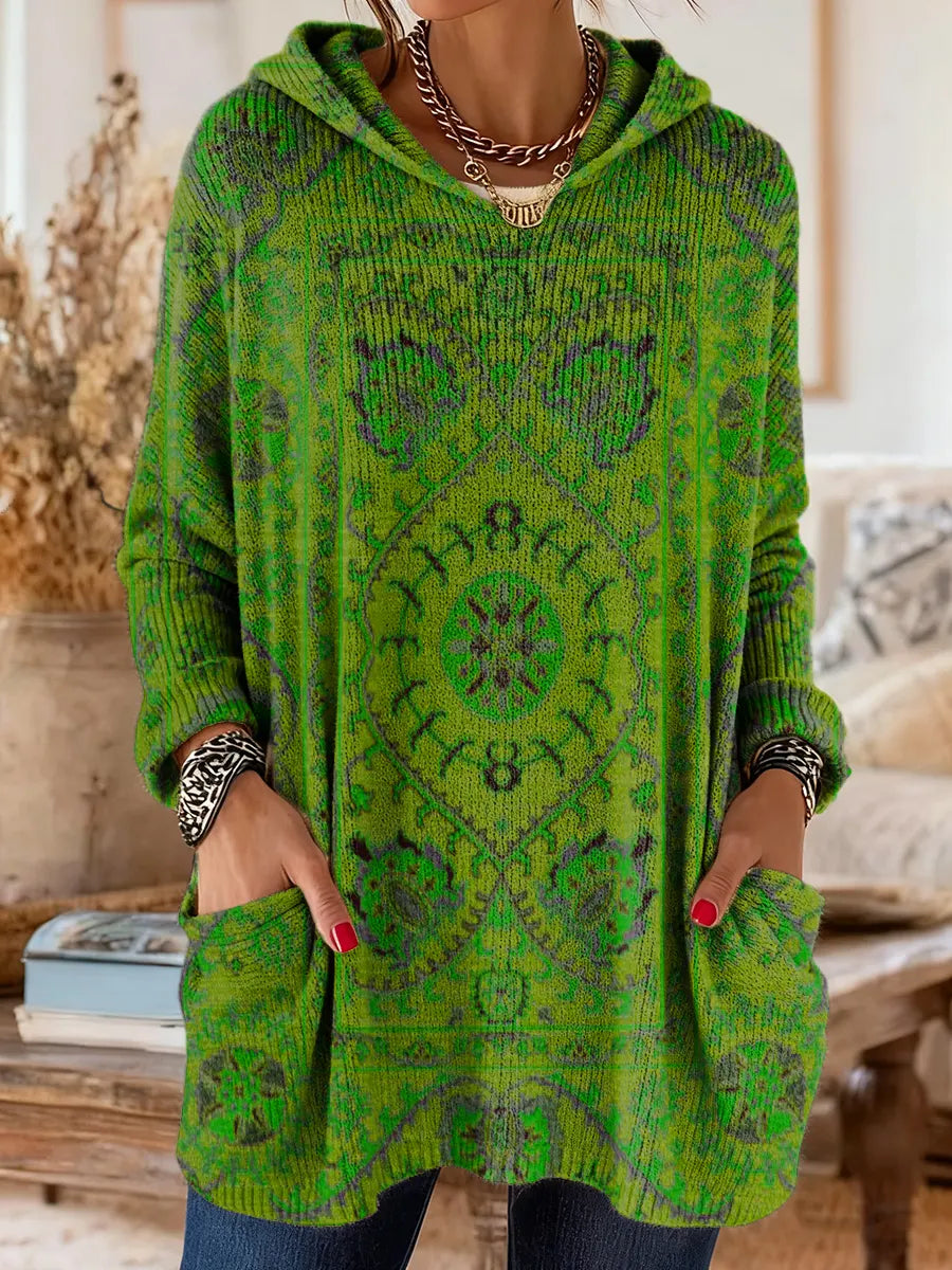 Mira | Boho Ethnic Print Oversized Hooded Knit Sweater