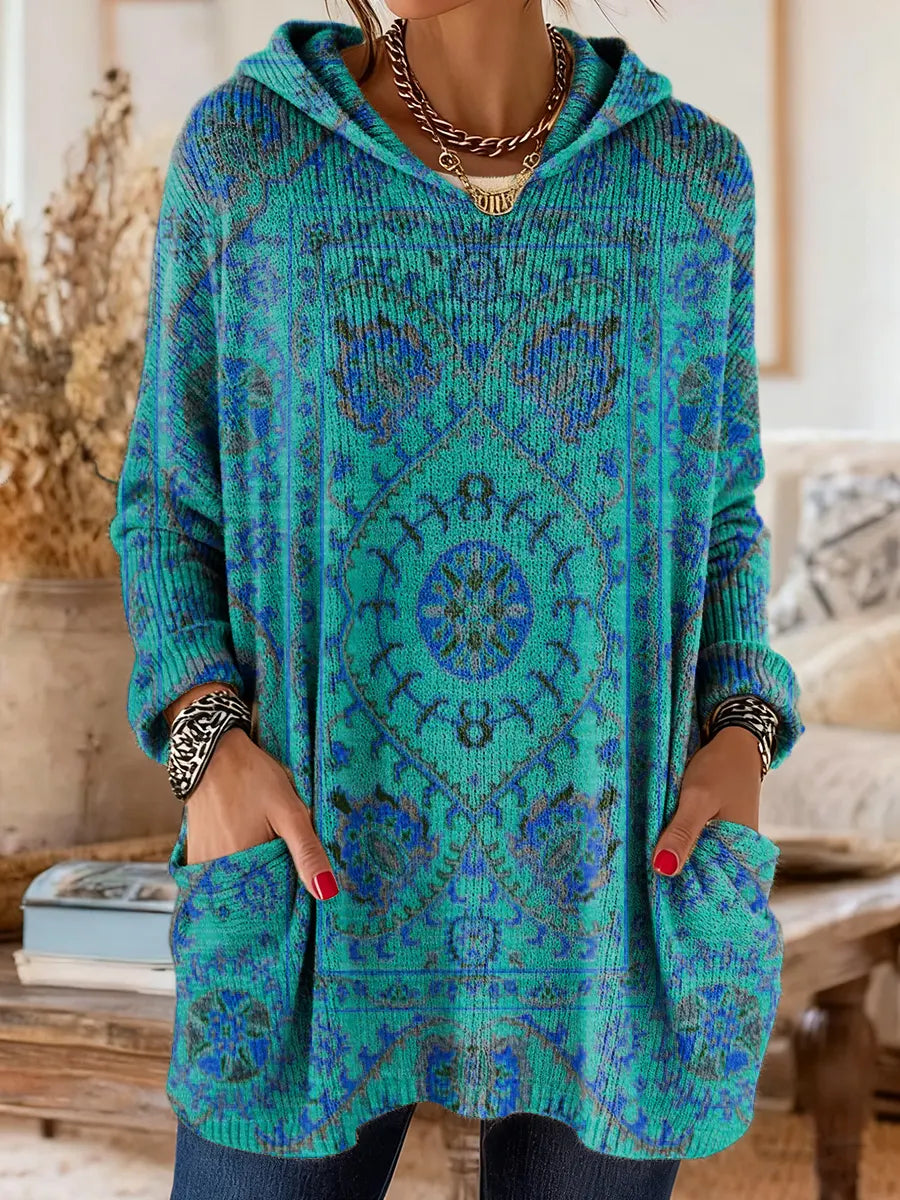 Mira | Boho Ethnic Print Oversized Hooded Knit Sweater