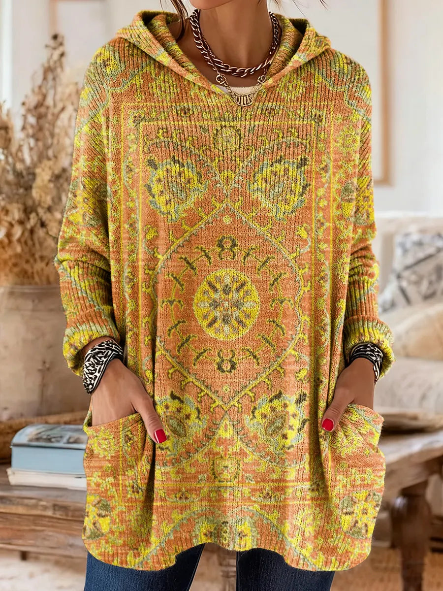 Mira | Boho Ethnic Print Oversized Hooded Knit Sweater