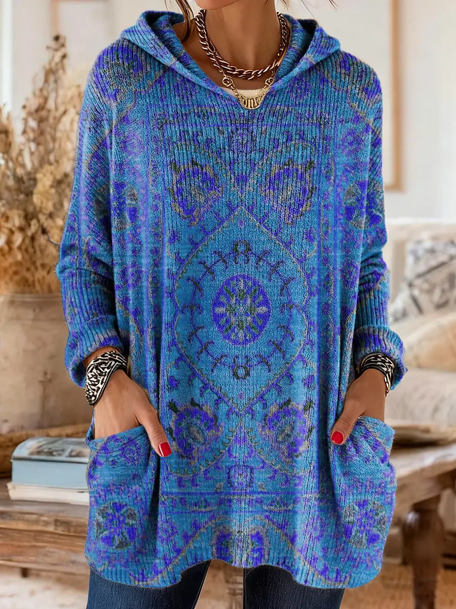 Mira | Boho Ethnic Print Oversized Hooded Knit Sweater
