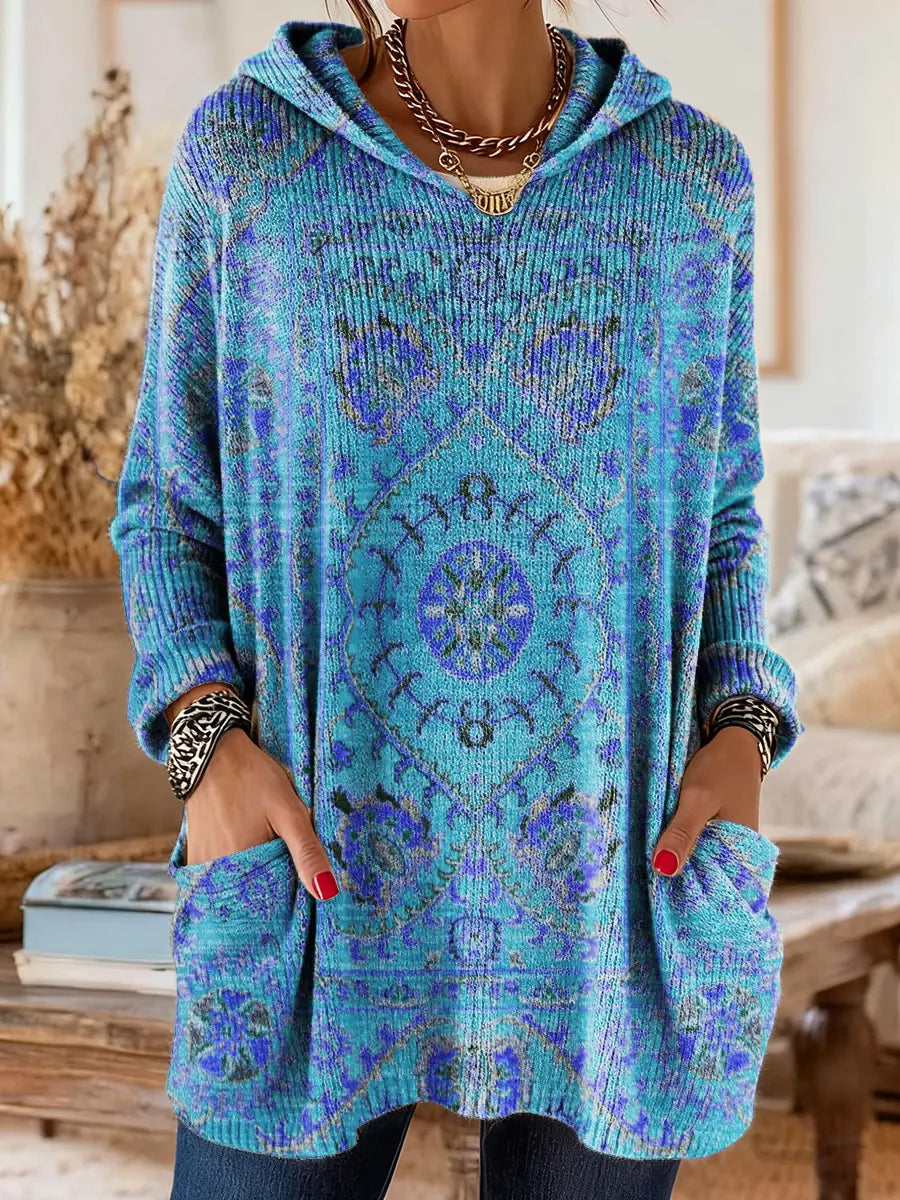 Mira | Boho Ethnic Print Oversized Hooded Knit Sweater