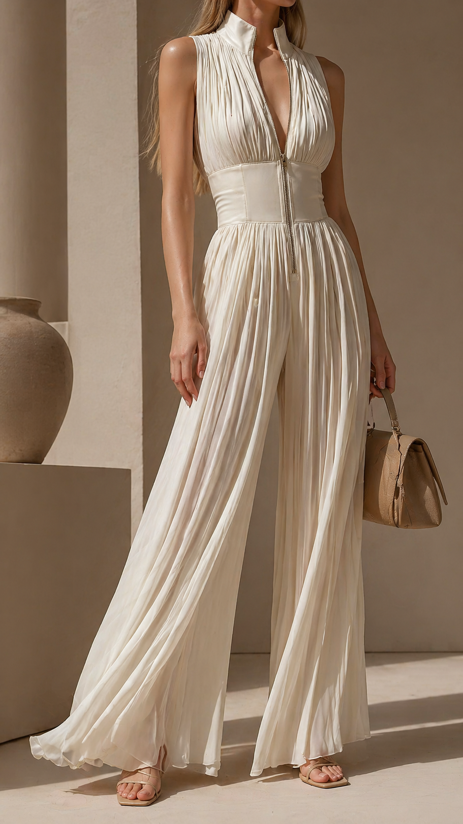 Nadine | Elegant Pleated Wide Leg Zip-Up Jumpsuit