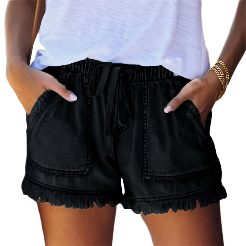 Olivia | Women's Drawstring Frayed Hem Denim Shorts