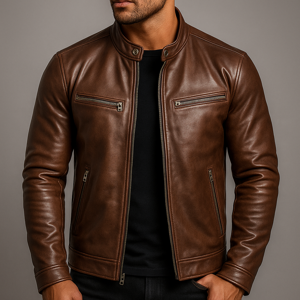 Phillipp | Men's Leather Stand Collar Zip Up Biker Jacket