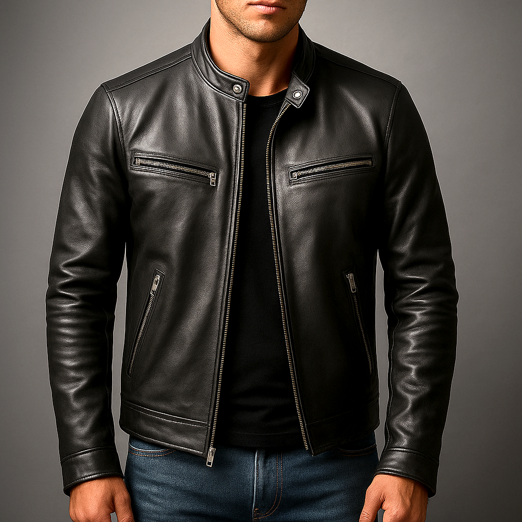 Phillipp | Men's Leather Stand Collar Zip Up Biker Jacket