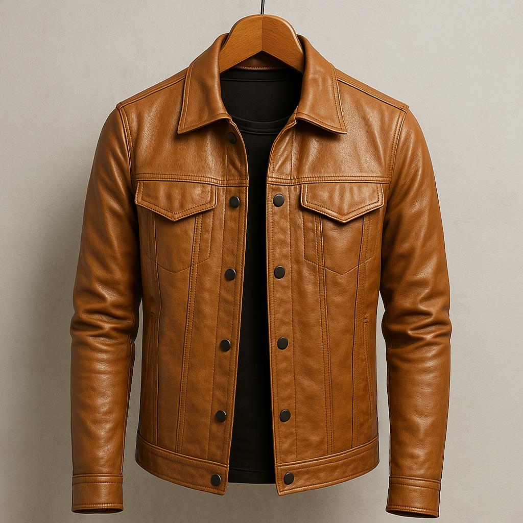 Ryder | Men's Leather Button Up Collared Trucker Jacket
