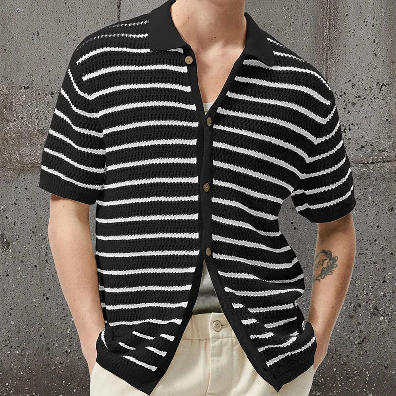 Rafael | Men's Striped Knit Button Up Short Sleeve Polo